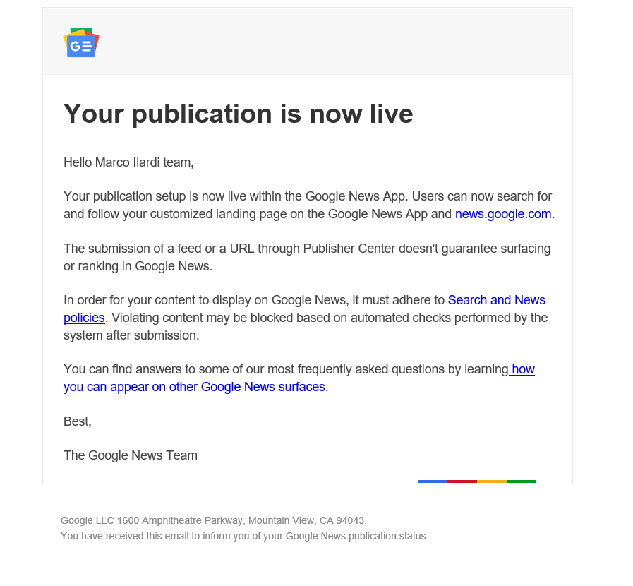 your publication is now live google news cosa significa