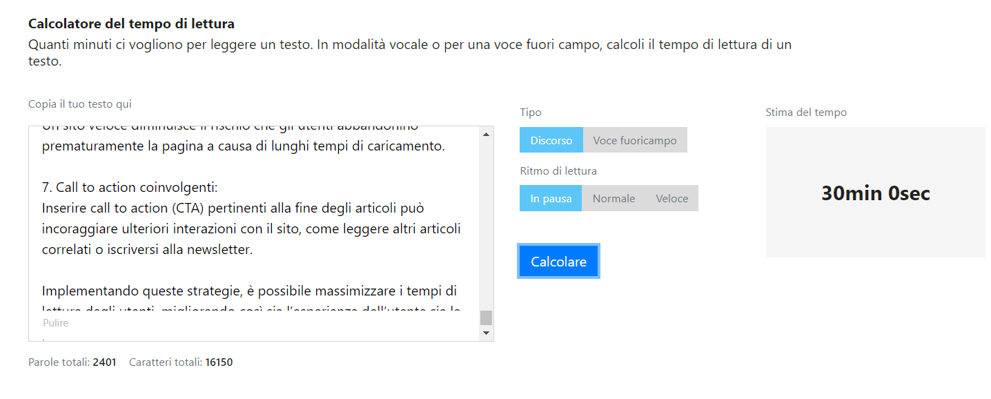 tool per calcolare il tempo di lettura di un testo on line gratis