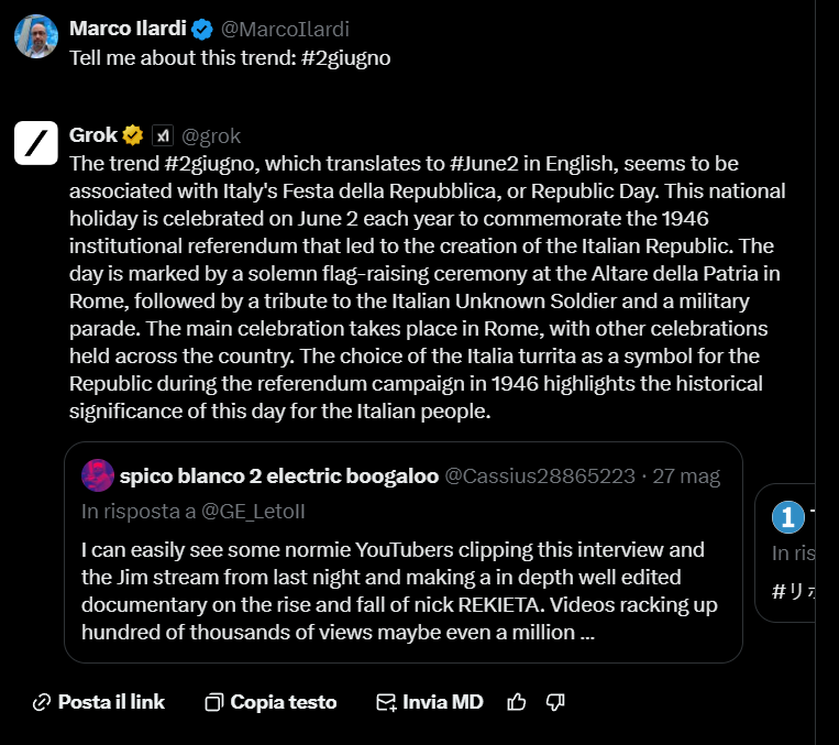 risposta del chatbot di Grok cliccando sul trend 2 giugno