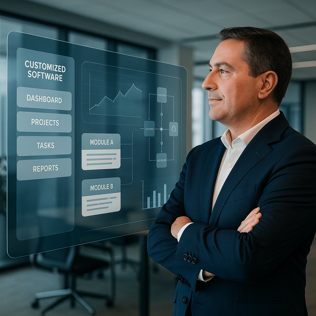 imprenditore che guarda un software su misura sul monitor