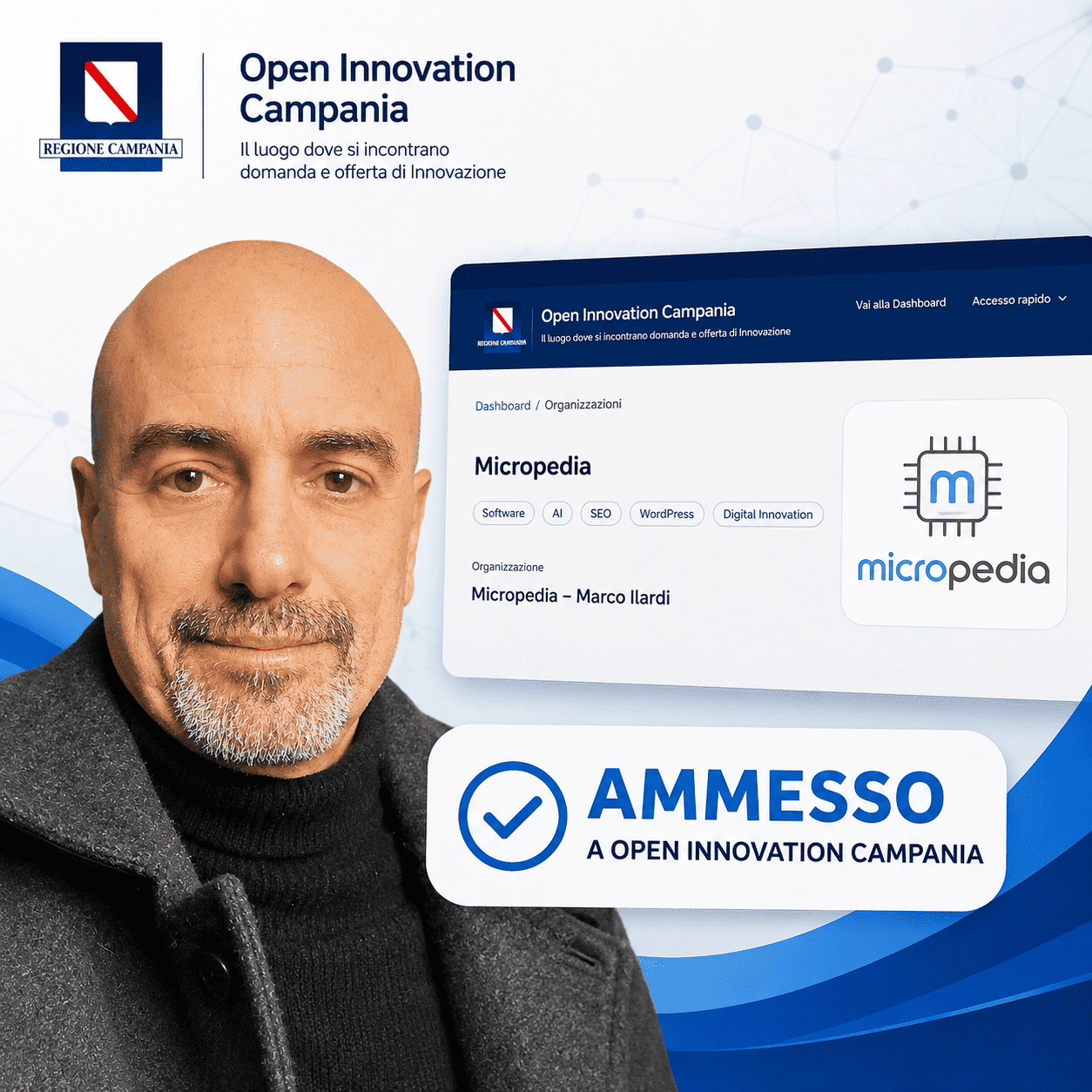 Ritratto professionale con schermata Open Innovation Campania