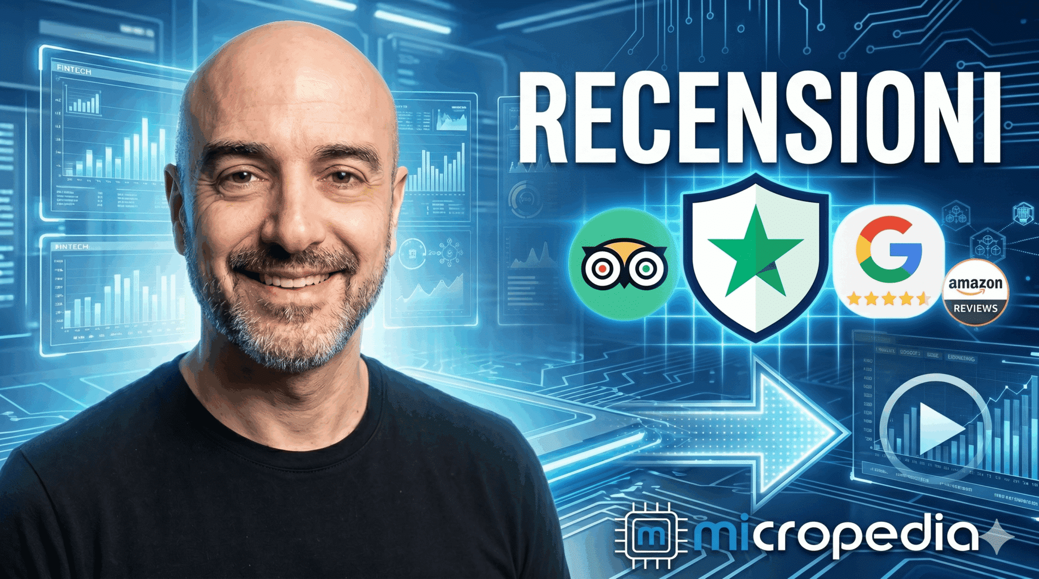 Uomo sorridente con grafica recensioni online fintech